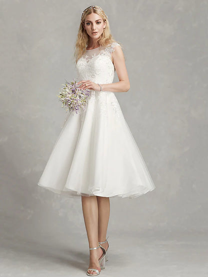Open Back Little White Dresses Wedding Dresses Tea Length A-Line Cap Sleeve Jewel Neck Lace With Appliques