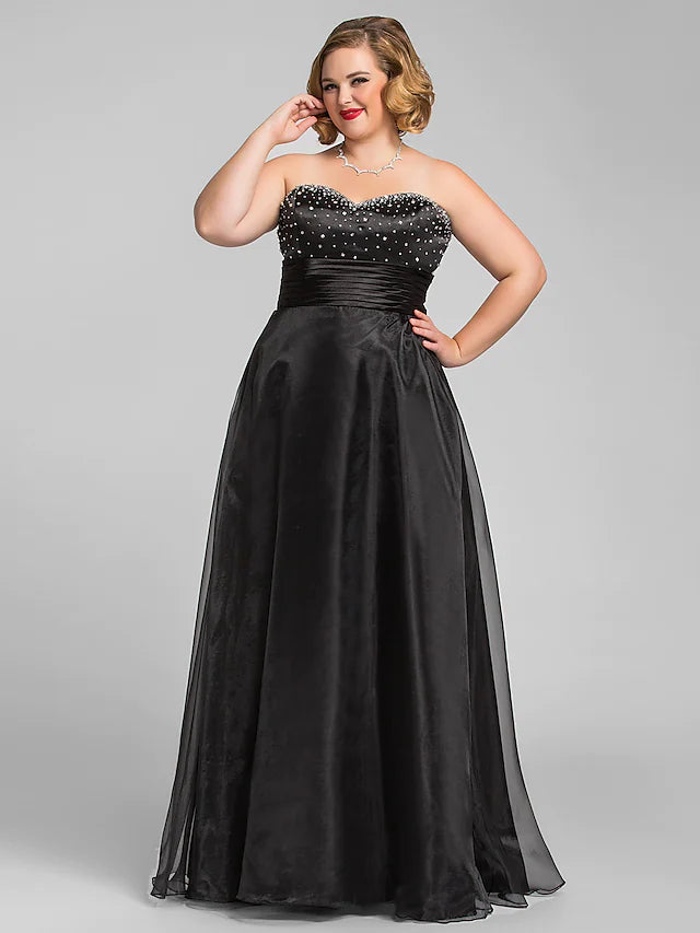 Little Black Dress Dress Prom Floor Length Sleeveless Sweetheart Organza with Ruched Beading