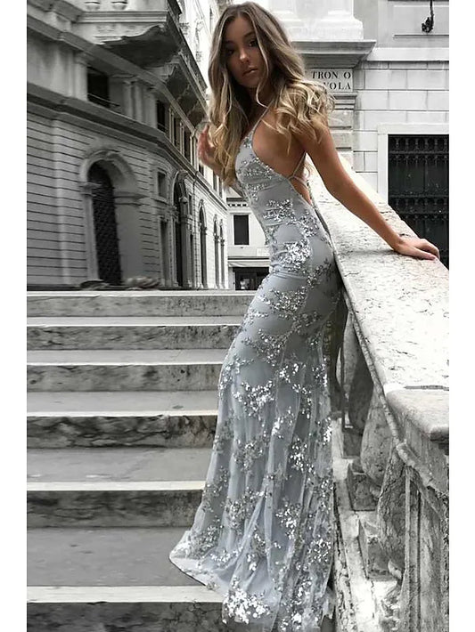 Prom Dresses Sparkle & Shine Dress Formal Sleeveless V Neck Lace with Sequin