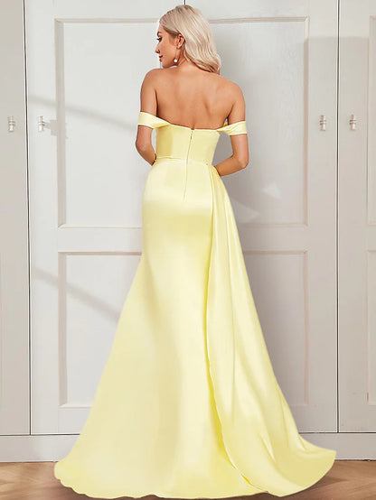 Prom Dresses Vintage Dress Party Wear Court Train Sleeveless Off Shoulder Stretch Satin with Ruched Slit
