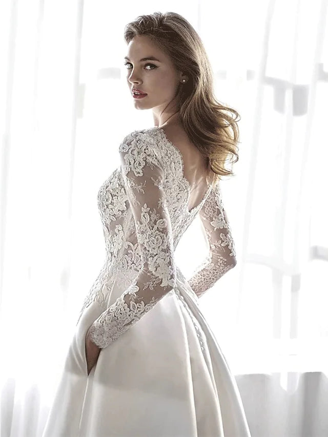 Beach Formal Wedding Dresses A-Line Long Sleeve Jewel Neck Satin With Lace Pleats