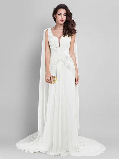 Dress Wedding Guest Court Train Sleeveless Plunging Neck Georgette V Back with Criss Cross Side Draping