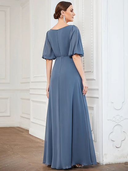 Evening Gown Minimalist Dress Wedding Guest Floor Length Half Sleeve V Neck Chiffon with Pleats
