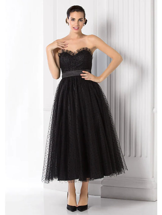 Little Black Dress Dress Holiday Tea Length Sleeveless Sweetheart Tulle with Sash  Ribbon