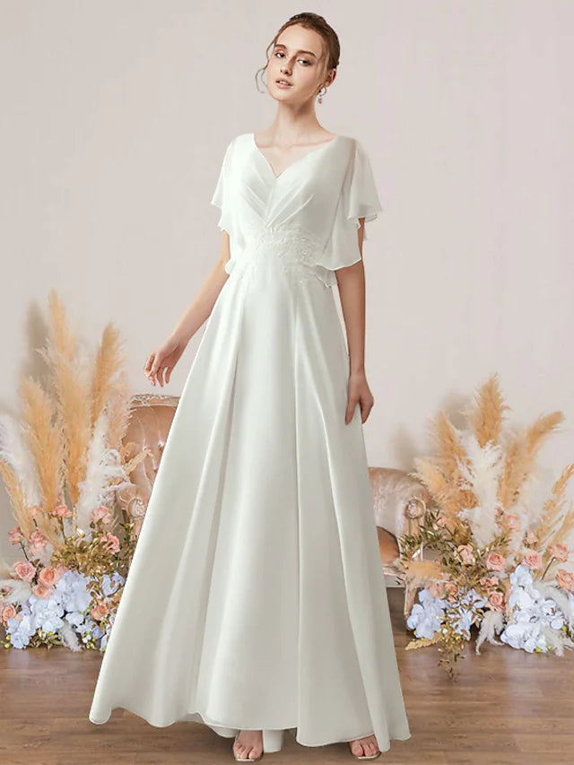 Casual Wedding Dresses Floor Length A-Line Short Sleeve V Neck Chiffon With Pleats Appliques