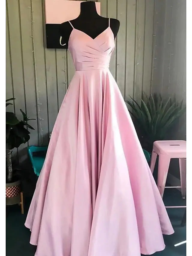 Prom Dresses Minimalist Dress Formal Floor Length Sleeveless V Neck Stretch Satin Backless with Pleats Ruched