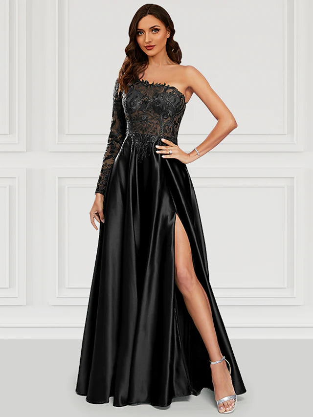 Prom Dresses Black Dress Party Wear Floor Length Long Sleeve One Shoulder Satin with Slit