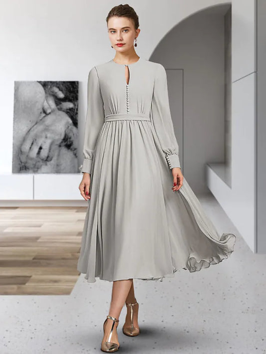 Mother of the Bride Dress Simple Elegant Jewel Neck Tea Length Chiffon Long Sleeve with Sash  Ribbon Buttons Pleats
