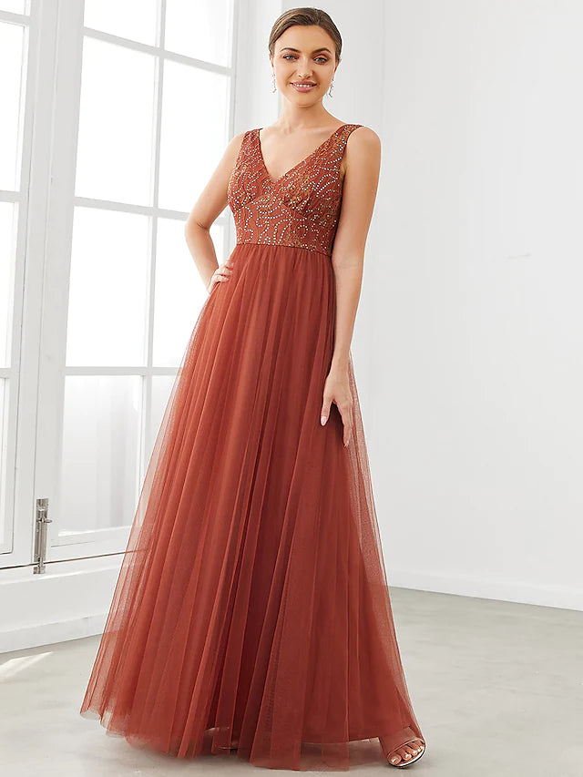 Prom Dresses Elegant Dress Homecoming Floor Length Sleeveless V Neck Tulle with Draping Splicing