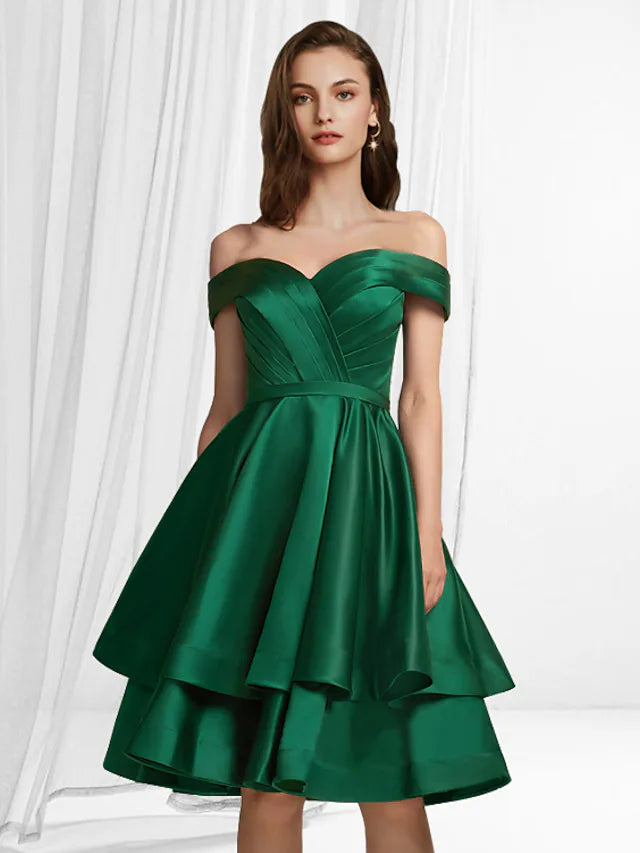 A-Line Empire Minimalist Party Wear Cocktail Party Dress Off Shoulder Sleeveless Knee Length Satin with Tier