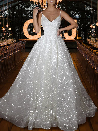 Wedding Dresses Court Train A-Line Sleeveless Spaghetti Strap Sequined With Solid