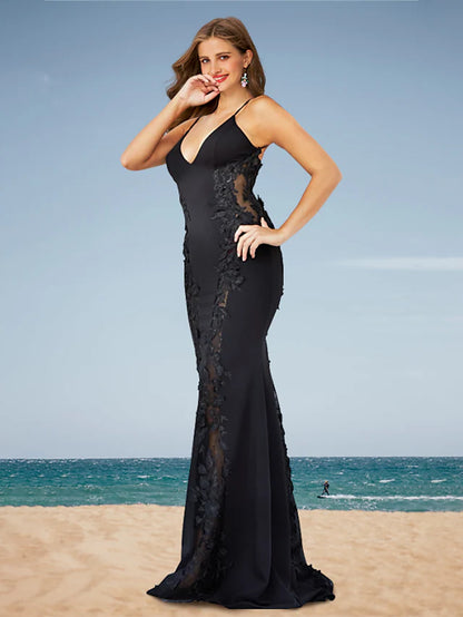 Prom Dresses Open Back Dress Wedding Party  Sleeveless Spaghetti Strap Spandex Backless with Appliques