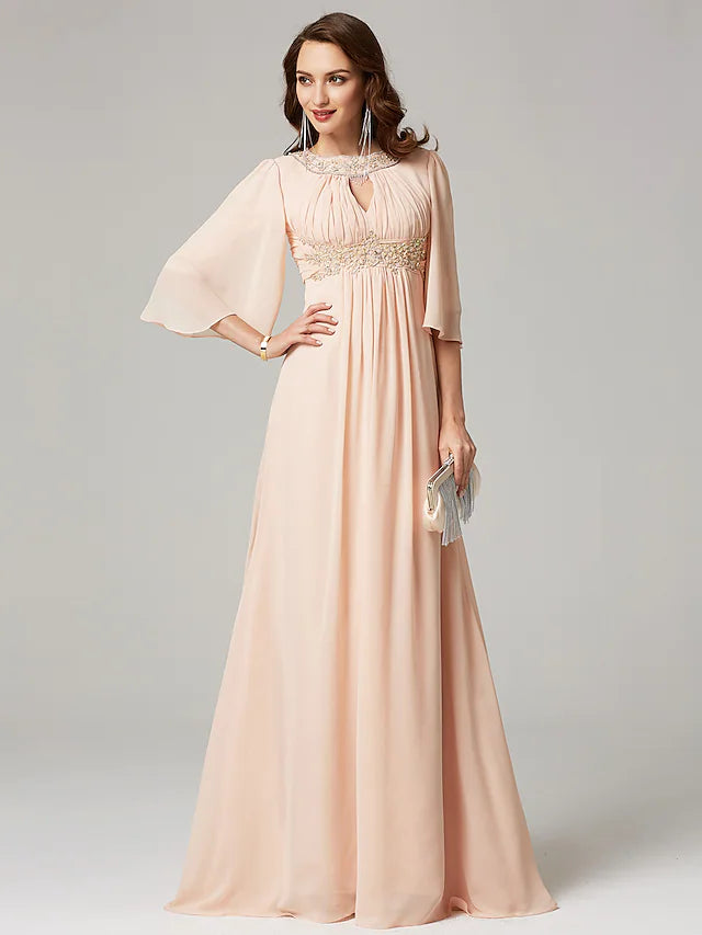 Mother of the Bride Dress Luxurious Elegant Jewel Neck  Chiffon Half Sleeve with Pleats Beading