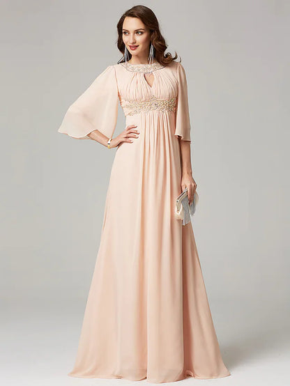 Mother of the Bride Dress Luxurious Elegant Jewel Neck  Chiffon Half Sleeve with Pleats Beading