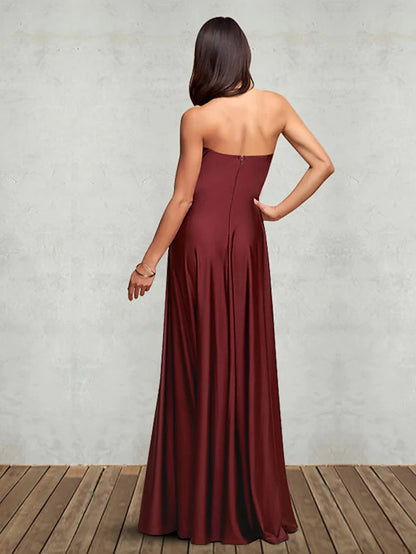 Evening Gown Empire Dress Party Wear Floor Length Sleeveless Strapless Chiffon with Pleats Slit