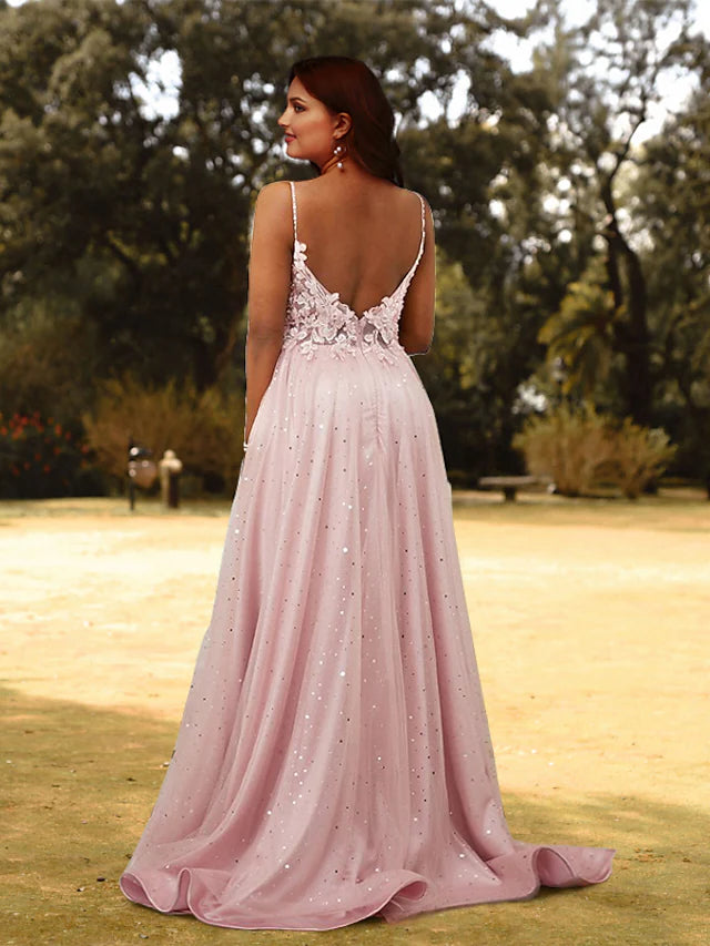 A-Line Prom Dresses Plus Size Dress Wedding Guest  Sleeveless V Neck Tulle with Appliques
