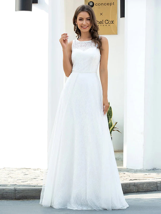 Beach Wedding Dresses Floor Length A-Line Sleeveless Jewel Neck Lace With Lace