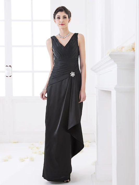 Bridesmaid Dress V Neck Sleeveless Elegant Floor Length Stretch Satin with Criss Cross  Side Draping  Crystal Brooch