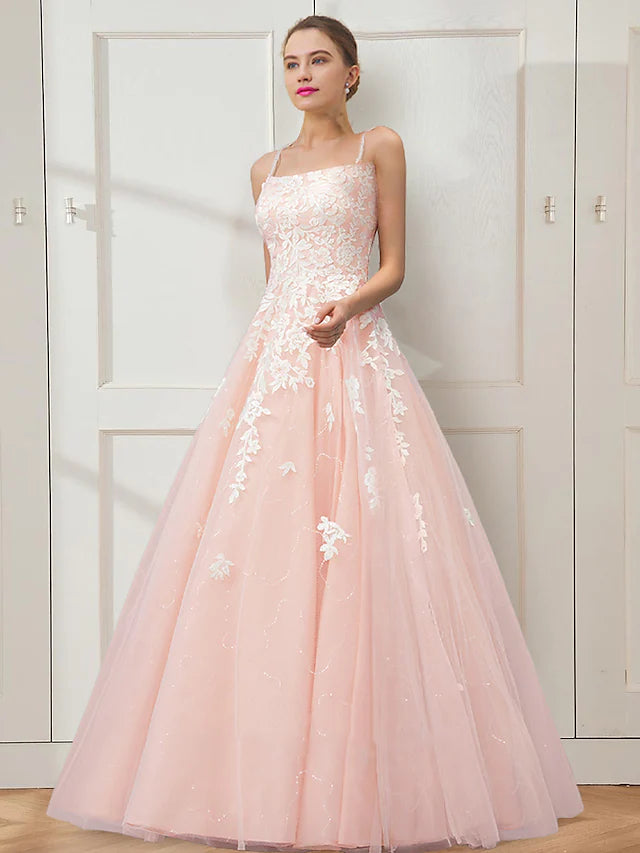 Prom Dresses Floral Dress Masquerade Floor Length Sleeveless Spaghetti Strap Tulle Crisscross Back with Embroidery