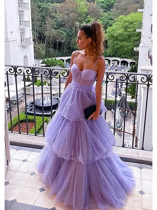 Prom Dresses Tiered Dress Formal Floor Length Sleeveless Sweetheart Tulle Backless with Pleats Ruched