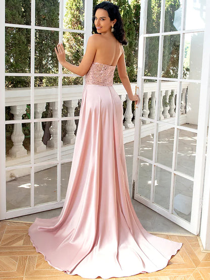 Evening Gown Sexy Dress Wedding Party  Sleeveless Satin with Ruched Pearls Sequin