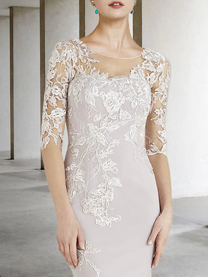 Mother of the Bride Dress Elegant Jewel Neck Floor Length Chiffon Lace Half Sleeve with Appliques