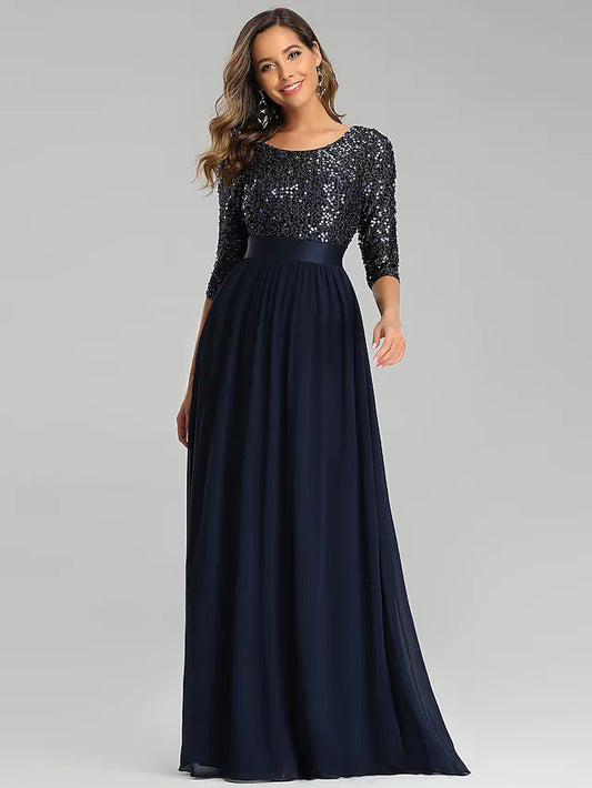 Wedding Guest Formal Evening Dress Jewel Neck  Length Sleeve Floor Length Tulle with Sequin