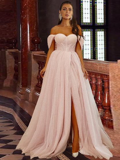 A-Line Prom Dresses Corsets Dress Prom  Sleeve Off Shoulder Tulle with Glitter Pleats Slit