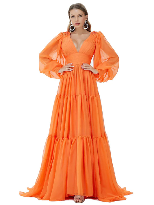 Evening Gown Sexy Dress Party Wear  Long Sleeve V Neck Chiffon with Ruched