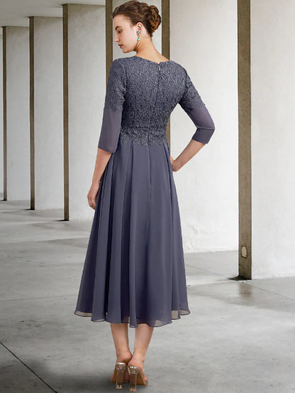 A-Line Mother of the Bride Dress Plus Size Elegant V Neck Tea Length Chiffon Lace  Length Sleeve with Ruffles Appliques