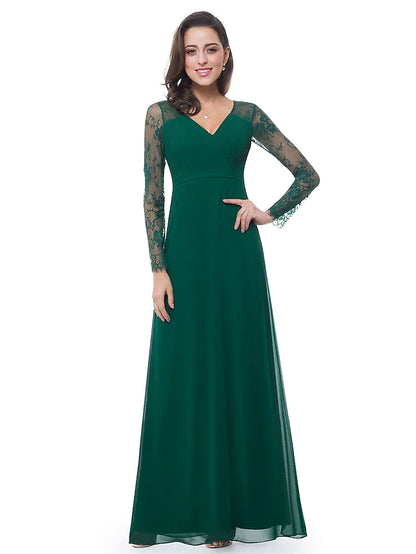 Evening Gown Elegant Dress Wedding Guest Floor Length Long Sleeve V Neck Chiffon  Ruched Lace Insert