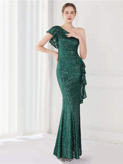 Elegant Sexy Wedding Guest Formal Evening Dress One Shoulder V Back Sleeveless Floor Length Sequined with Sequin Slit