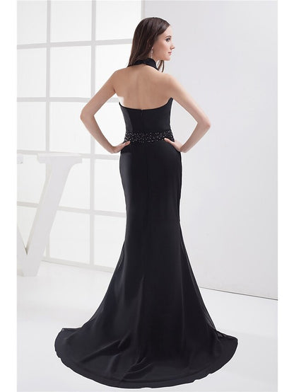 Evening Gown Elegant Dress Formal Evening Court Train Sleeveless Halter Chiffon with Beading