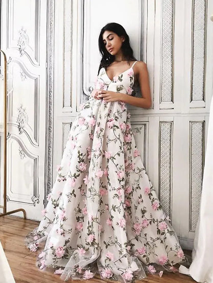 Prom Dresses Floral Dress Formal Floor Length Sleeveless V Neck Lace with Floral Print