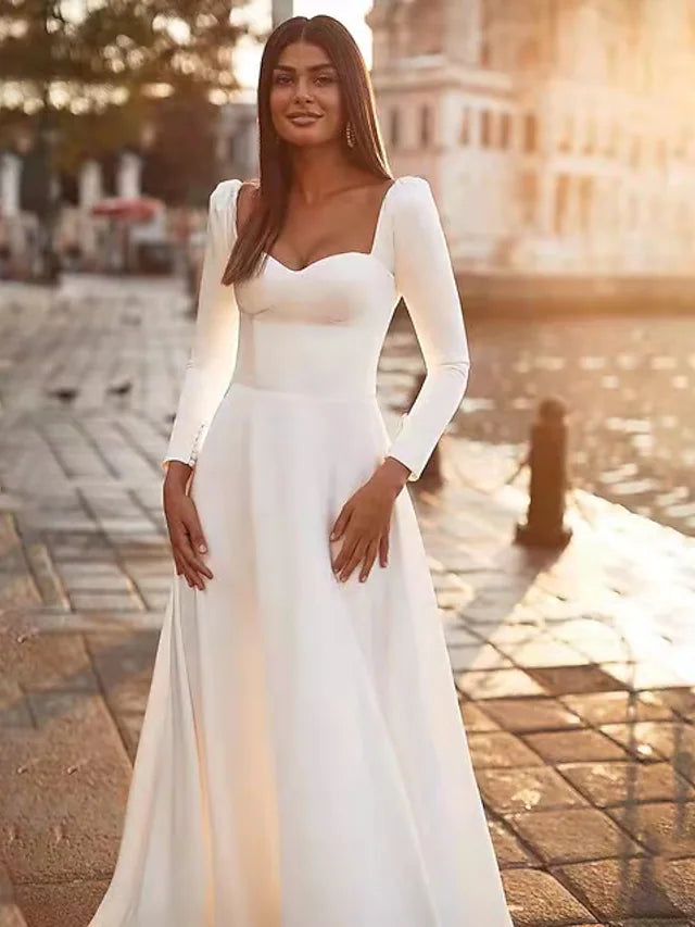 Hall Casual Wedding Dresses Court  A-Line Long Sleeve Square Satin With Solid