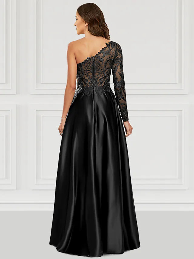 Prom Dresses Black Dress Party Wear Floor Length Long Sleeve One Shoulder Satin with Slit