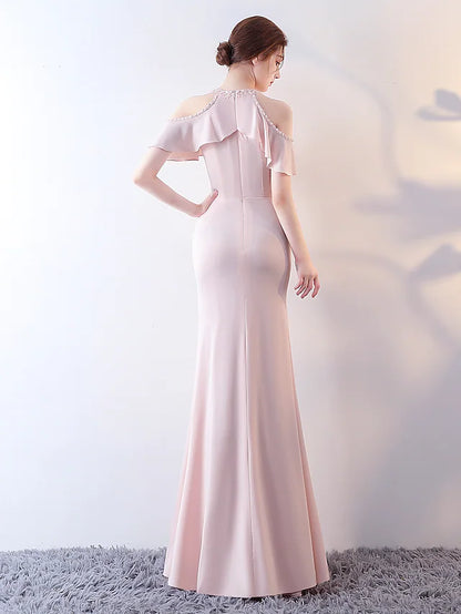 Prom Dresses Elegant Dress Wedding Guest Floor Length Short Sleeve Halter Jersey with Beading Ruffles