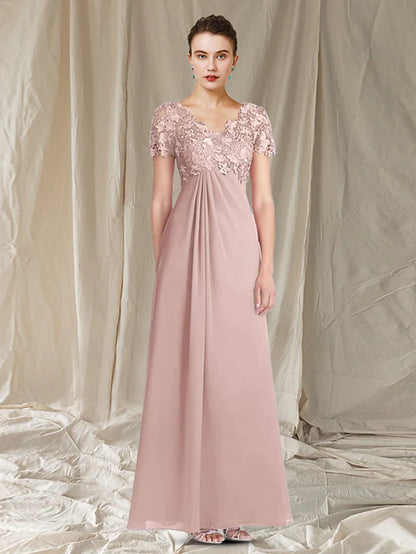 Mother of the Bride Dress Elegant V Neck Floor Length Chiffon Lace Short Sleeve with Pleats Appliques