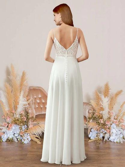 Beach Wedding Dresses Floor Length A-Line Sleeveless V Neck Spaghetti Strap Chiffon With Pleats Appliques