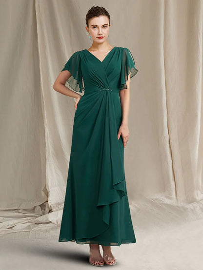 Mother of the Bride Dress Plus Size Elegant Jewel Neck Ankle Length Chiffon Short Sleeve with Crystals Side-Draped