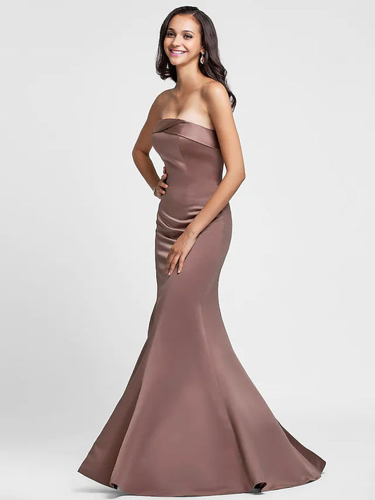 Mermaid  Trumpet Bridesmaid Dress Strapless Sleeveless Lace Up Floor Length Satin with Side Draping