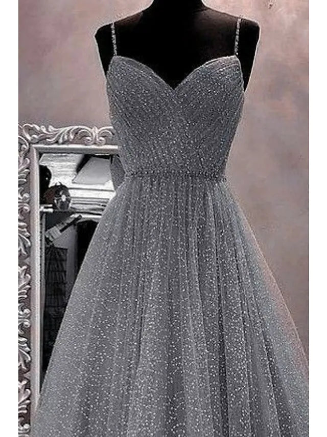 Prom Dresses Sparkle & Shine Dress Party Wear Floor Length Sleeveless Spaghetti Strap Tulle with Glitter Crystals