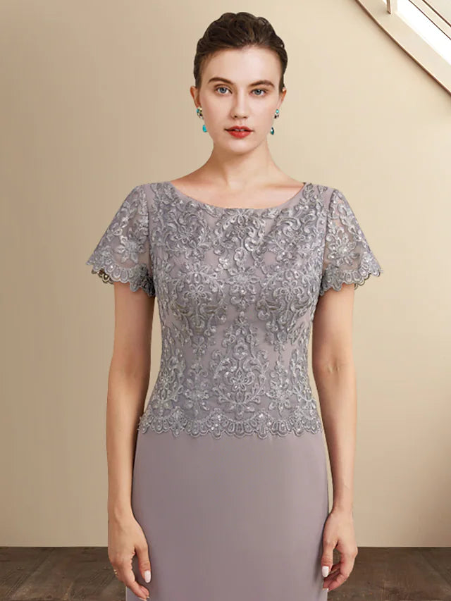 Mother of the Bride Dress Elegant Jewel Neck Ankle Length Chiffon Lace Short Sleeve with Appliques