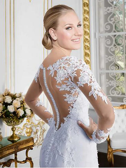 Open Back Sexy Formal Wedding Dresses Chapel Train Mermaid  Trumpet Long Sleeve Bateau Neck Lace With Lace Appliques