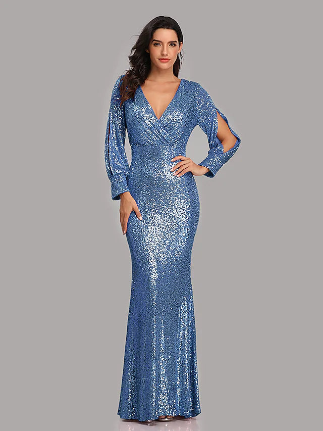 Evening Gown Sparkle Dress Party Wear Floor Length Long Sleeve V Neck Sequined with Sequin