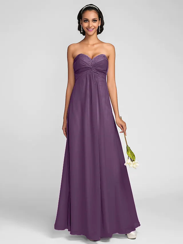 Bridesmaid Dress  Neckline Sleeveless Open Back Floor Length Chiffon with Criss Cross   Ruched   Beading