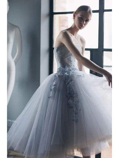 Ball Gown Prom Dresses Vintage Dress Graduation Tea Length Sleeveless Strapless Tulle with Appliques Tiered