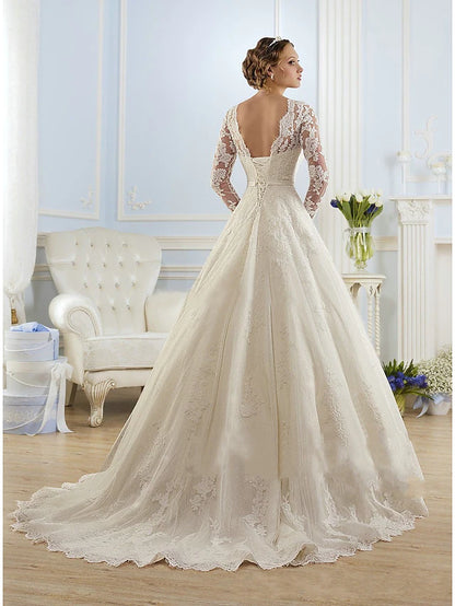 Engagement Formal Wedding Dresses Court Train A-Line Long Sleeve Jewel Neck Lace With Appliques