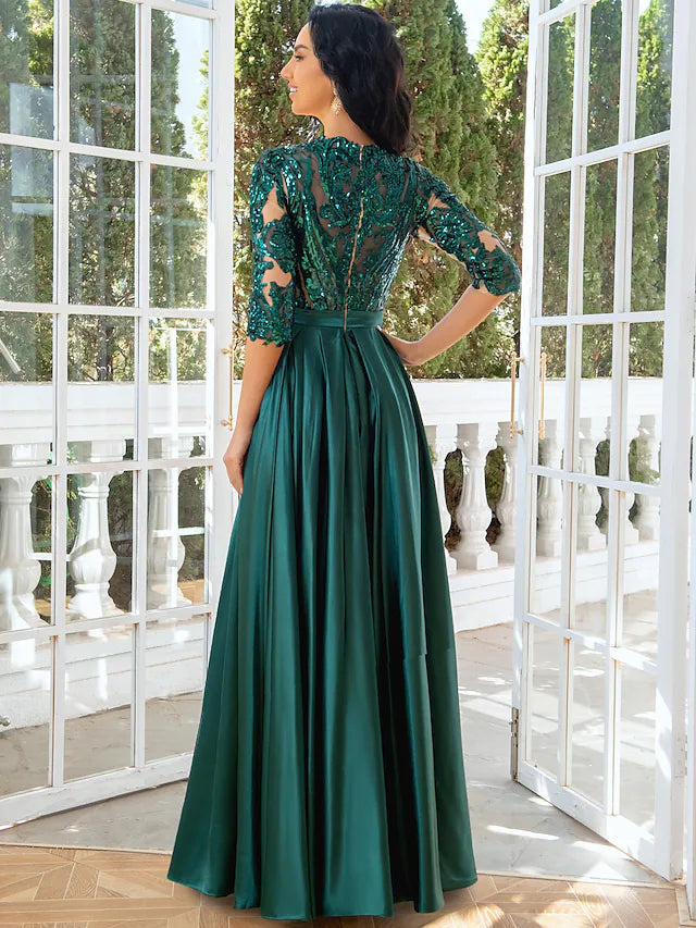 A-Line Evening Gown Elegant Dress Wedding Party Floor Length Half Sleeve Illusion Neck Satin with Pleats Sequin Slit