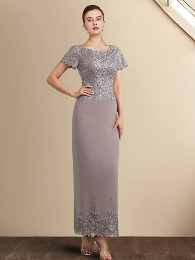 Mother of the Bride Dress Elegant Jewel Neck Ankle Length Chiffon Lace Short Sleeve with Appliques